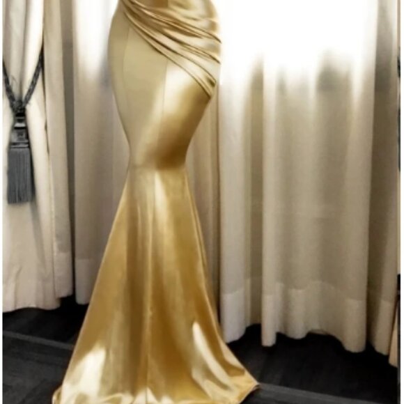 Gold Satin Floor-length Sweep Train Trumpet Sleeveless Casual Evening Dress - Picture 2 of 5